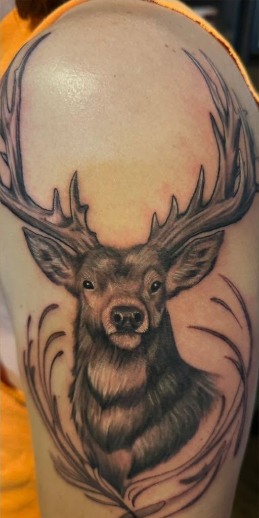 Stag with full antlers, on an upper arm